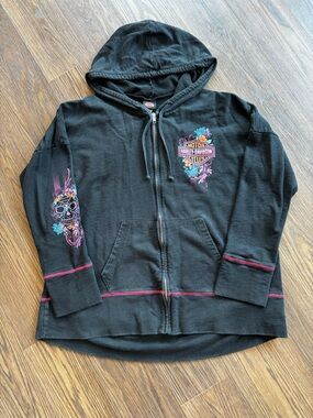 Harley-Davidson Black Hoodie with Silver Zipper and Orange Logo Patch